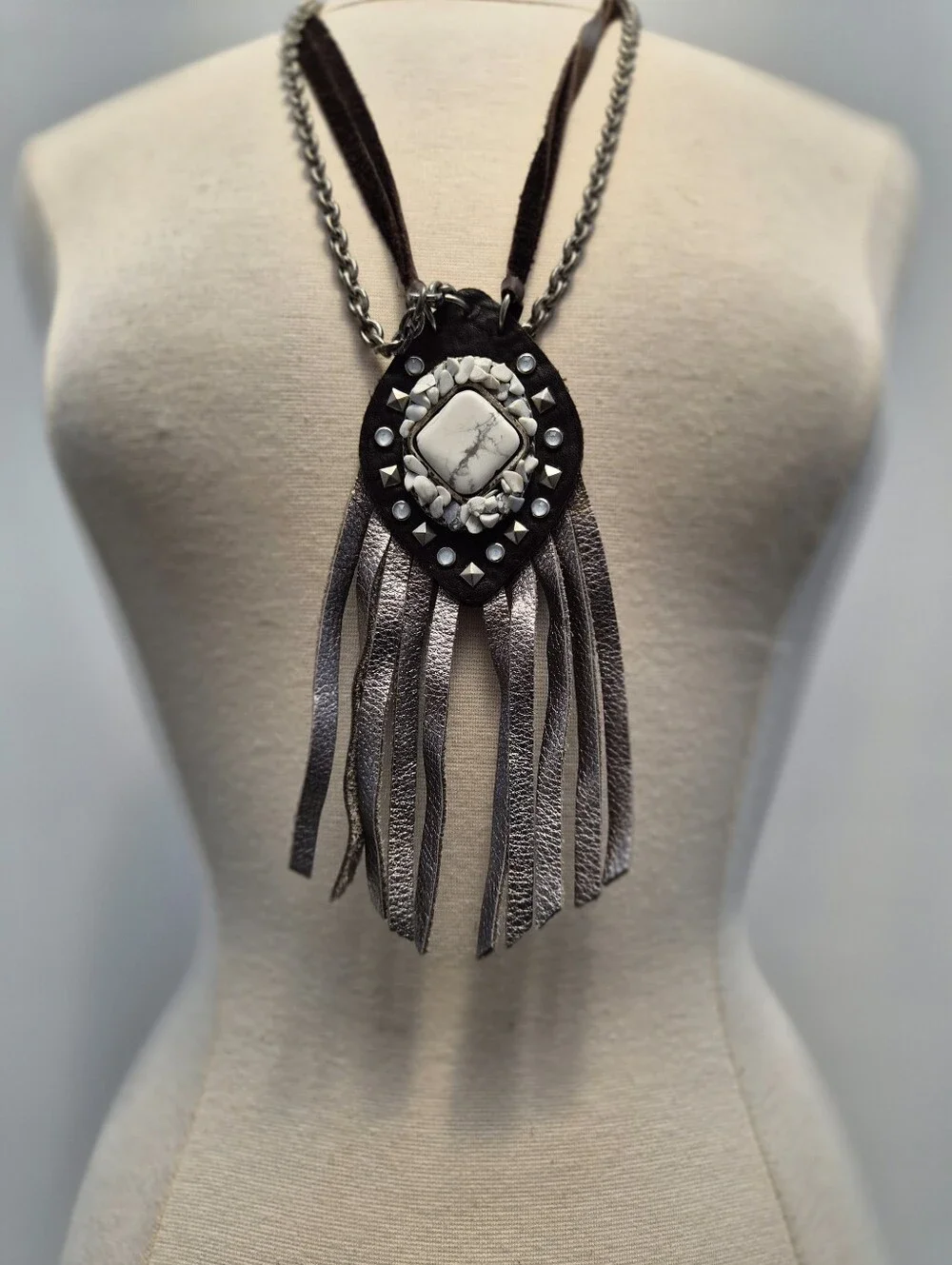 Leatherock Western Rocker Fringe Necklace White Stone Studded Black Leather Cord